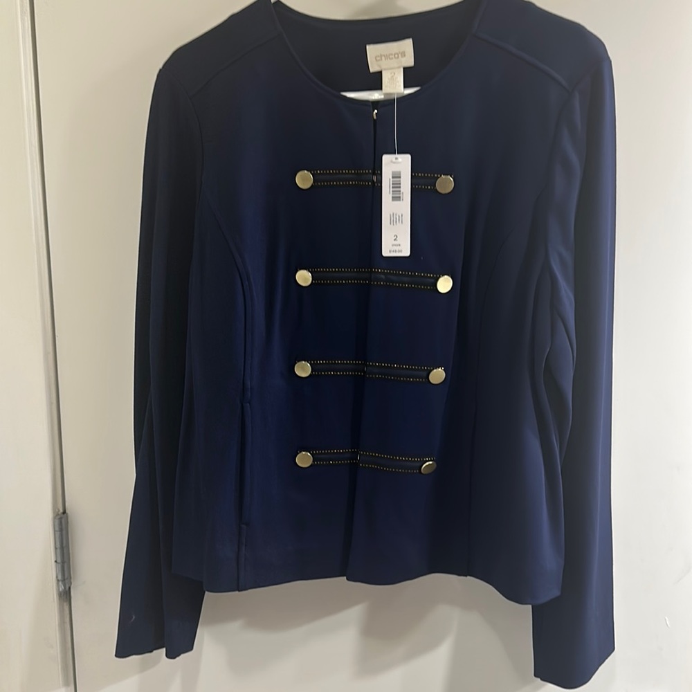 Chico’s Deep Navy Military Jacket, hook closures, pockets, sz 2 (US L)